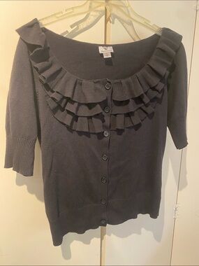 W by Worth Black Ruffle-Front Button Cardigan flattering wide neck